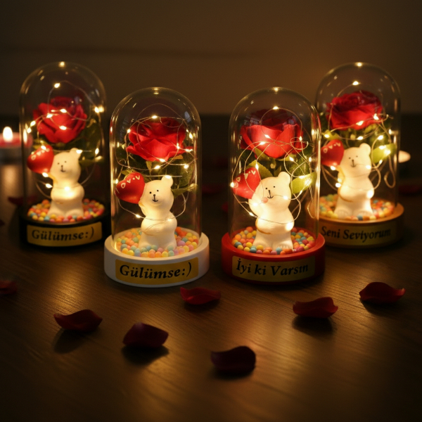 Balonlu Ayıcık Ledli Gül Fanus 