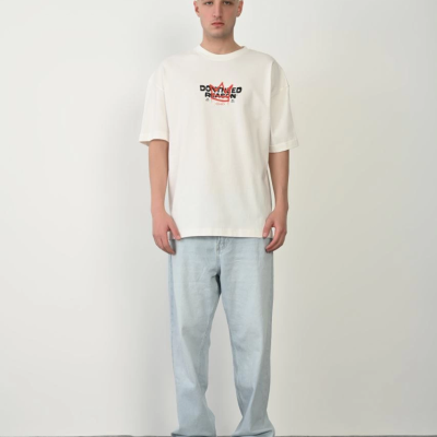 Baskılı Bisiklet Yaka Oversize T-Shirt - Beyaz -