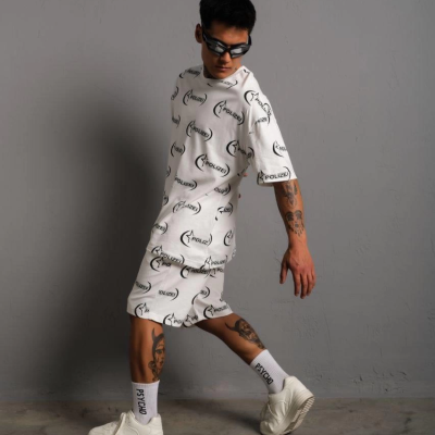 Baskılı İkili Şortlu Takım - Beyaz -