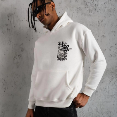 Baskılı Kapşonlu Sweat - Beyaz -