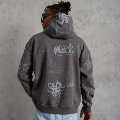 Baskılı Kapüşonlu Ribanalı Sweat - Gri