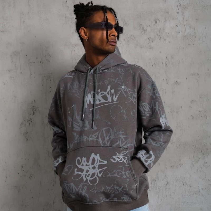 Baskılı Kapüşonlu Ribanalı Sweat - Gri