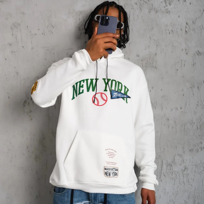 Baskılı Kapüşonlu Sweatshirt - Beyaz -