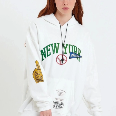 Baskılı Kapüşonlu Sweatshirt - Beyaz -