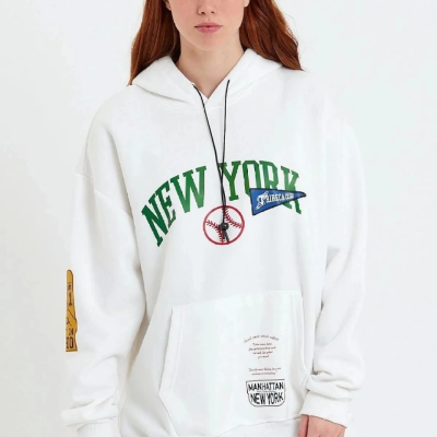 Baskılı Kapüşonlu Sweatshirt - Beyaz -