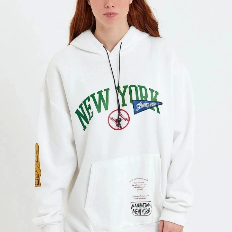 Baskılı Kapüşonlu Sweatshirt - Beyaz -