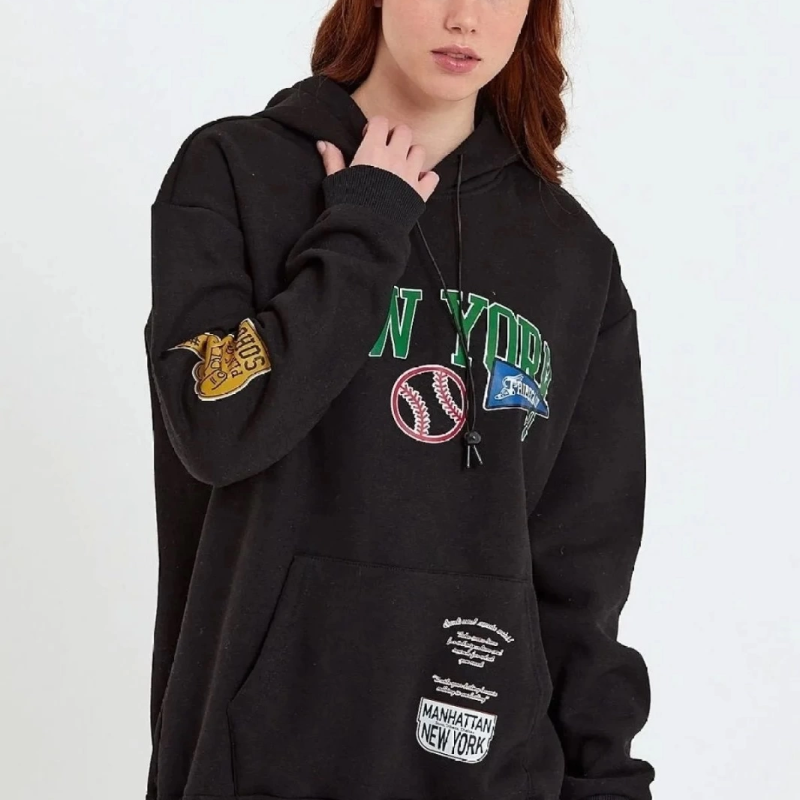 Baskılı Kapüşonlu Sweatshirt - Siyah -