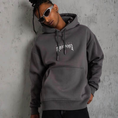 Baskılı Kapüşonlu ve Kanguru Cepli Sweat- Gri