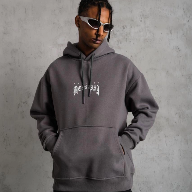 Baskılı Kapüşonlu ve Kanguru Cepli Sweat- Gri