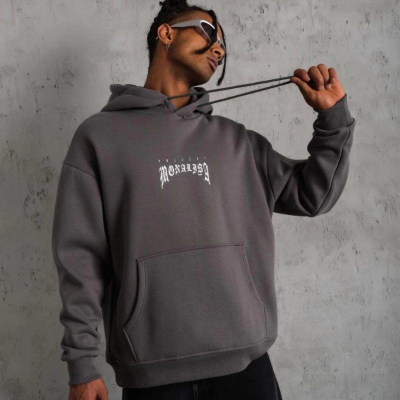 Baskılı Kapüşonlu ve Kanguru Cepli Sweat- Gri