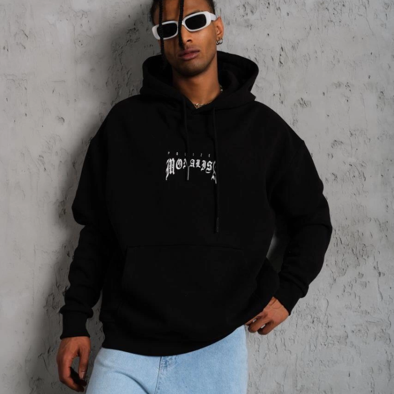 Baskılı Kapüşonlu ve Kanguru Cepli Sweat - Siyah -