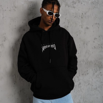 Baskılı Kapüşonlu ve Kanguru Cepli Sweat - Siyah -