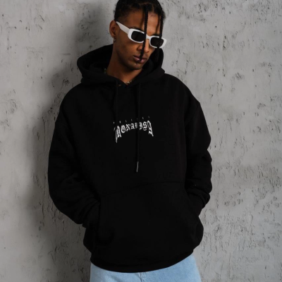 Baskılı Kapüşonlu ve Kanguru Cepli Sweat - Siyah -