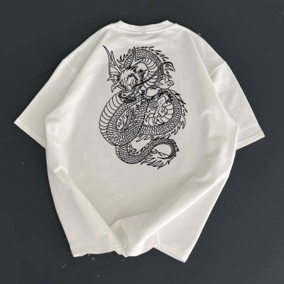 Baskılı Oversize Bisiklet Yaka T-shirt - Beyaz -