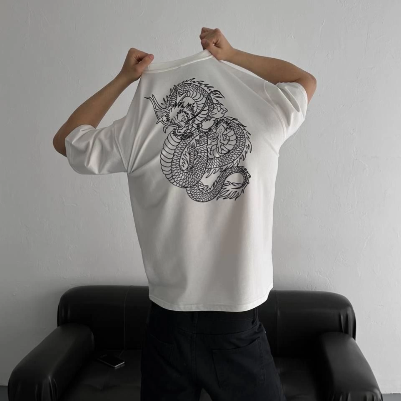 Baskılı Oversize Bisiklet Yaka T-shirt - Beyaz -