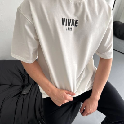 Baskılı Oversize Bisiklet Yaka T-shirt - Beyaz -