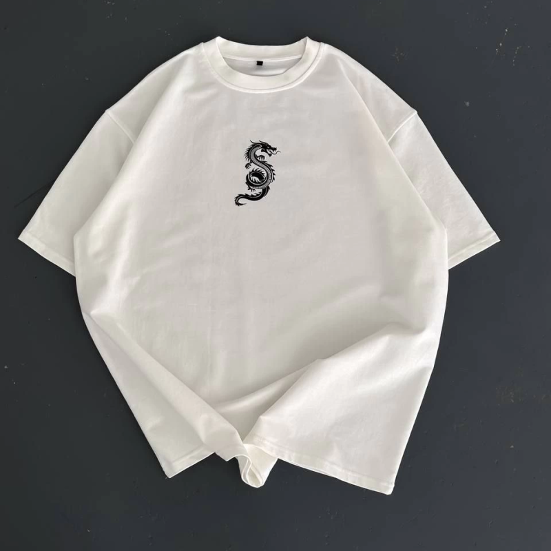 Baskılı Oversize Bisiklet Yaka T-shirt - Beyaz -