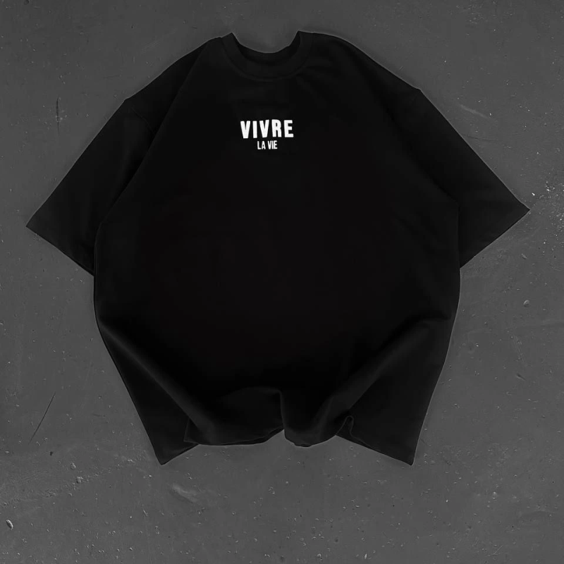 Baskılı Oversize Bisiklet Yaka T-shirt - Siyah -