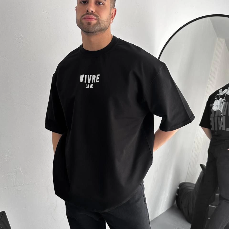 Baskılı Oversize Bisiklet Yaka T-shirt - Siyah -