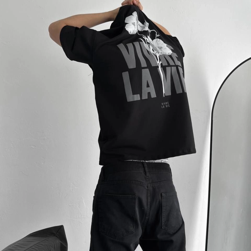 Baskılı Oversize Bisiklet Yaka T-shirt - Siyah -