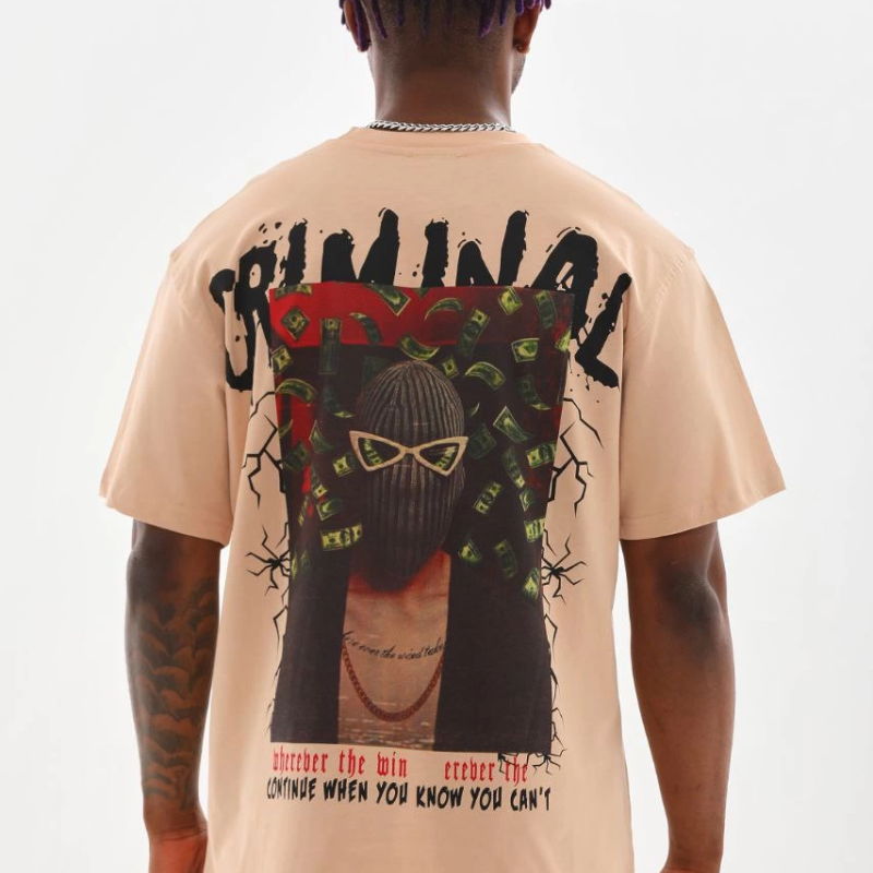 Baskılı Oversize T-Shirt - Bej -