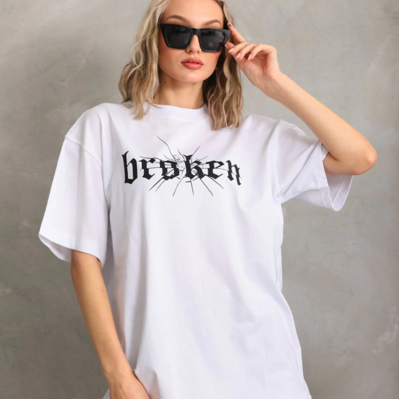 Baskılı Oversize T-Shirt - Beyaz -