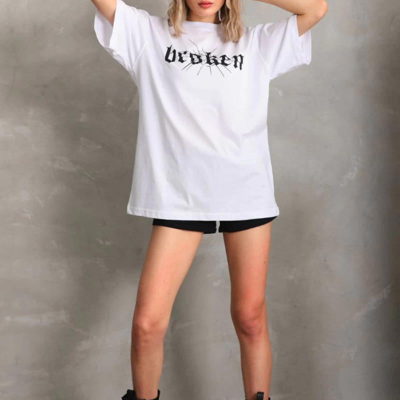 Baskılı Oversize T-Shirt - Beyaz -
