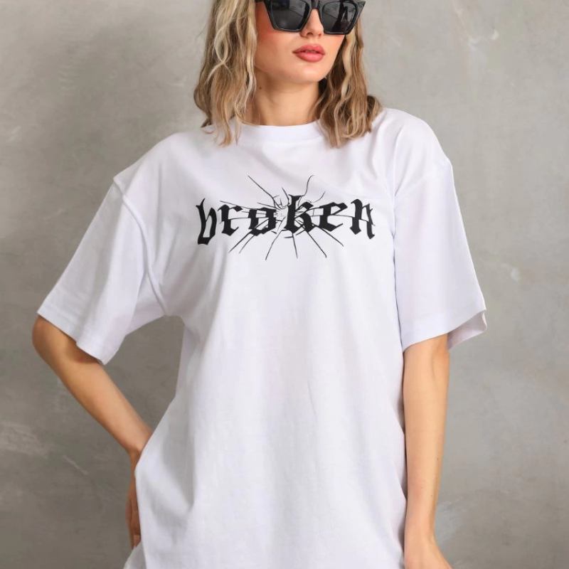 Baskılı Oversize T-Shirt - Beyaz -
