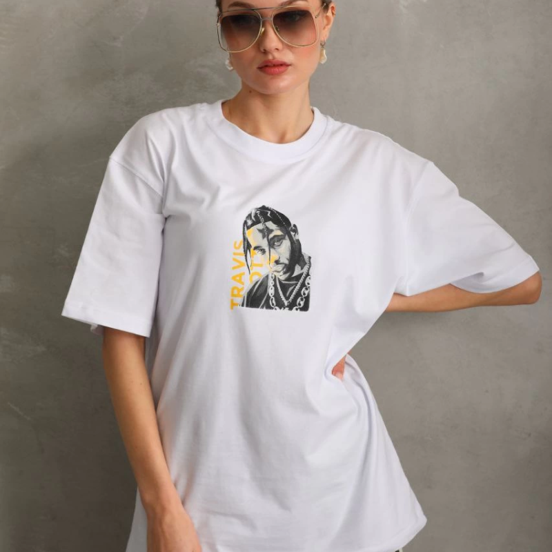 Baskılı Oversize T-Shirt - Beyaz -