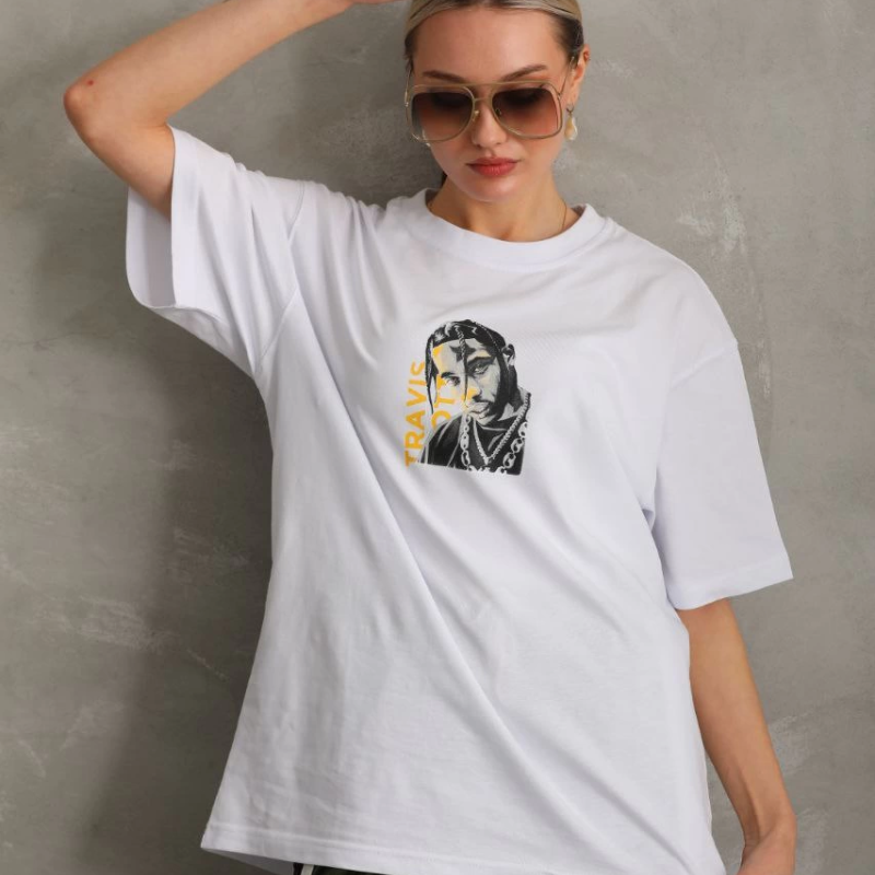 Baskılı Oversize T-Shirt - Beyaz -