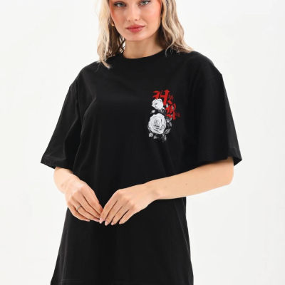 Baskılı Oversize T-Shirt - Siyah -