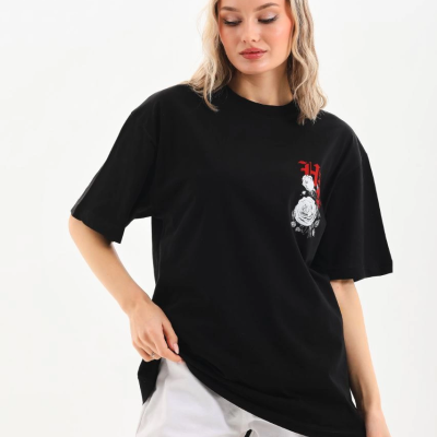 Baskılı Oversize T-Shirt - Siyah -