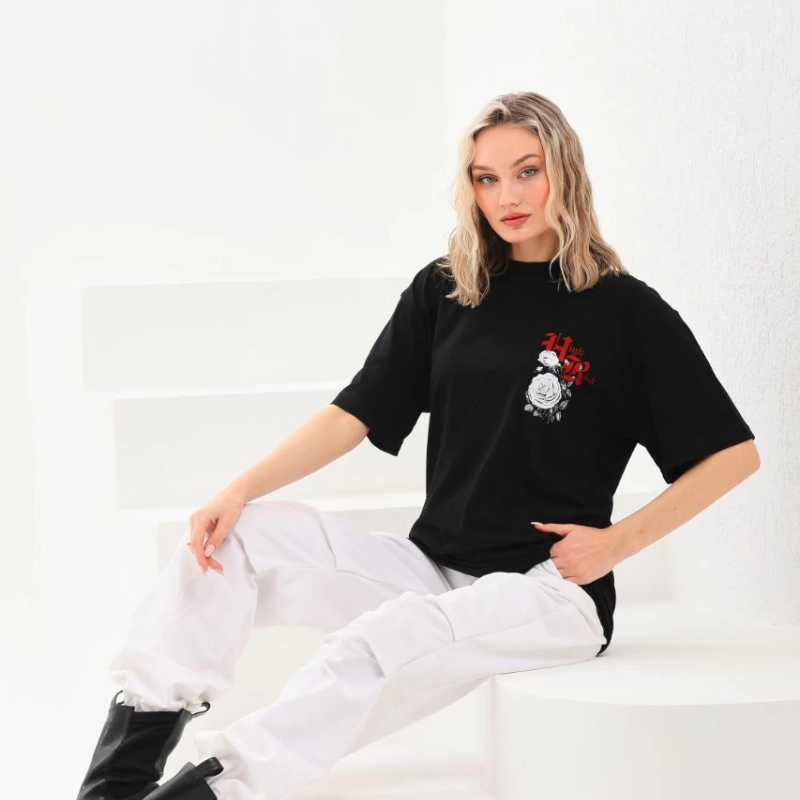 Baskılı Oversize T-Shirt - Siyah -