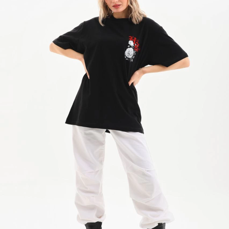 Baskılı Oversize T-Shirt - Siyah -