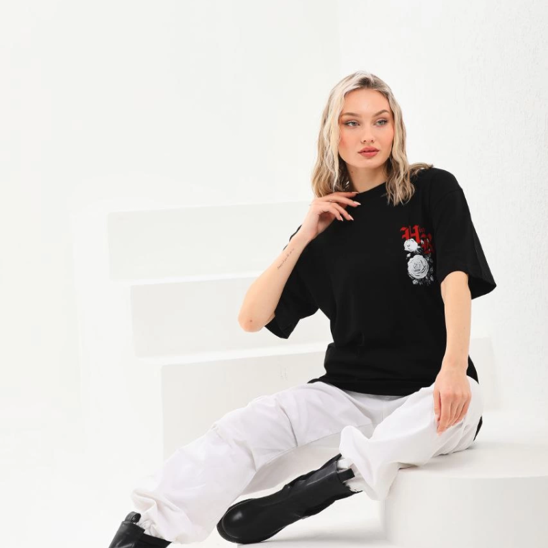 Baskılı Oversize T-Shirt - Siyah -