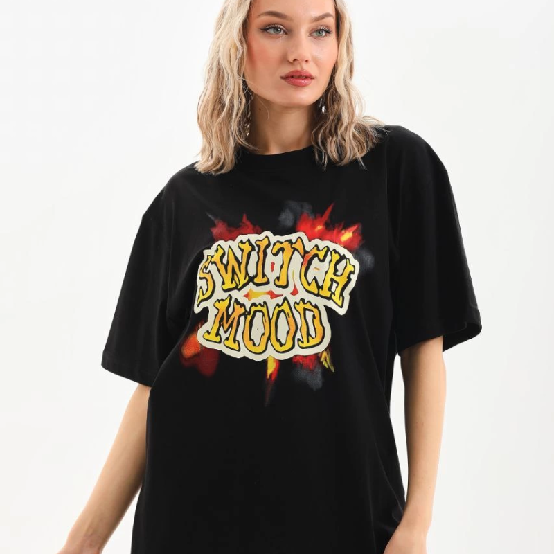 Baskılı Oversize T-Shirt - Siyah -