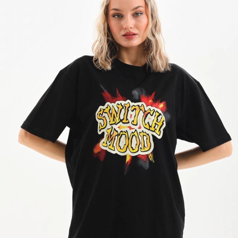 Baskılı Oversize T-Shirt - Siyah -