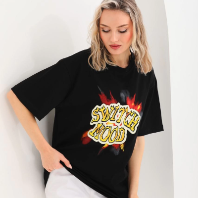 Baskılı Oversize T-Shirt - Siyah -