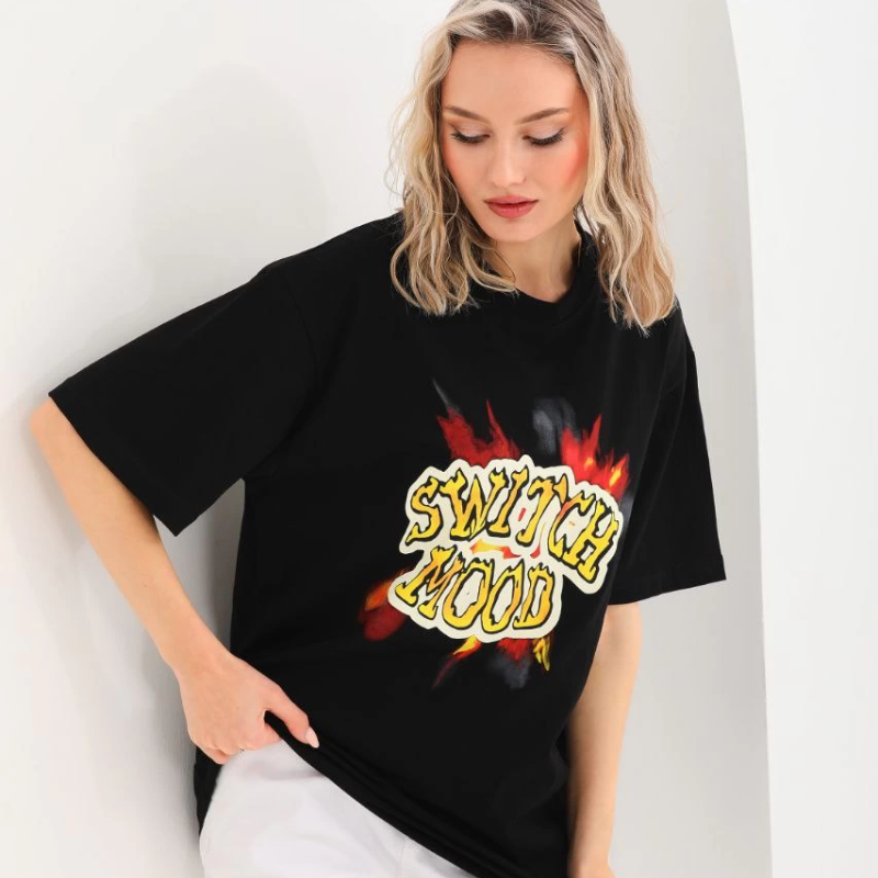 Baskılı Oversize T-Shirt - Siyah -