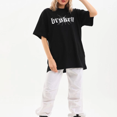 Baskılı Oversize T-Shirt - Siyah -