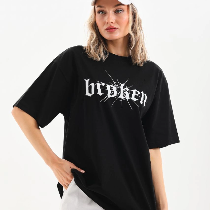 Baskılı Oversize T-Shirt - Siyah -