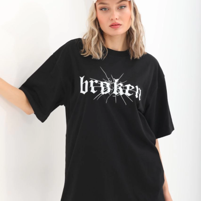 Baskılı Oversize T-Shirt - Siyah -