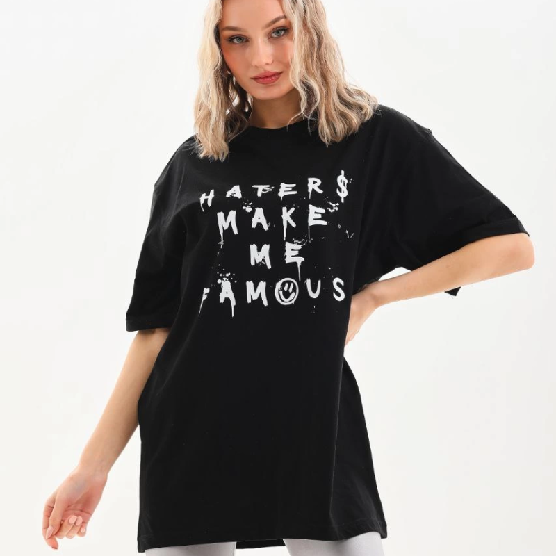 Baskılı Oversize T-Shirt - Siyah -