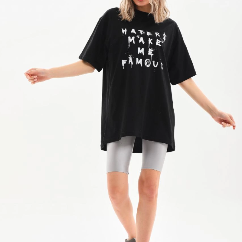 Baskılı Oversize T-Shirt - Siyah -