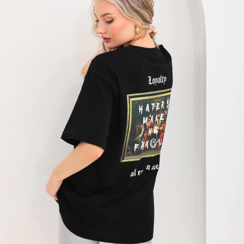 Baskılı Oversize T-Shirt - Siyah -