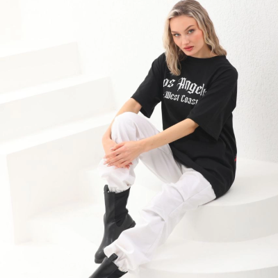 Baskılı Oversize T-Shirt - Siyah -