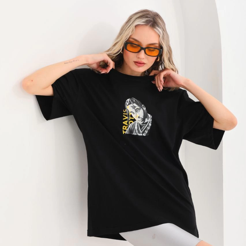 Baskılı Oversize T-Shirt - Siyah -