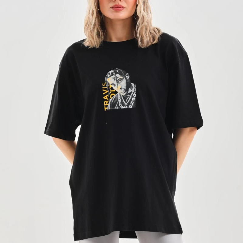 Baskılı Oversize T-Shirt - Siyah -
