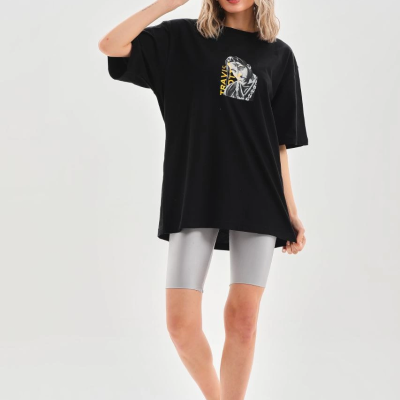 Baskılı Oversize T-Shirt - Siyah -