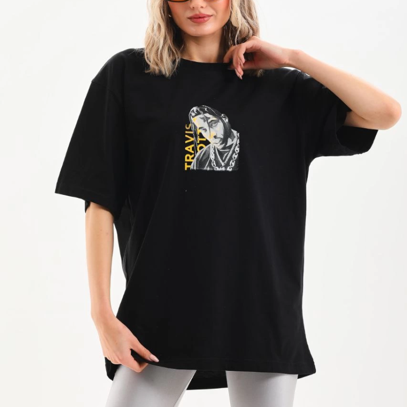 Baskılı Oversize T-Shirt - Siyah -